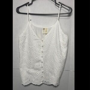 Japna Women’s Large White Eyelet Button-Up Tank Top 100% Cotton